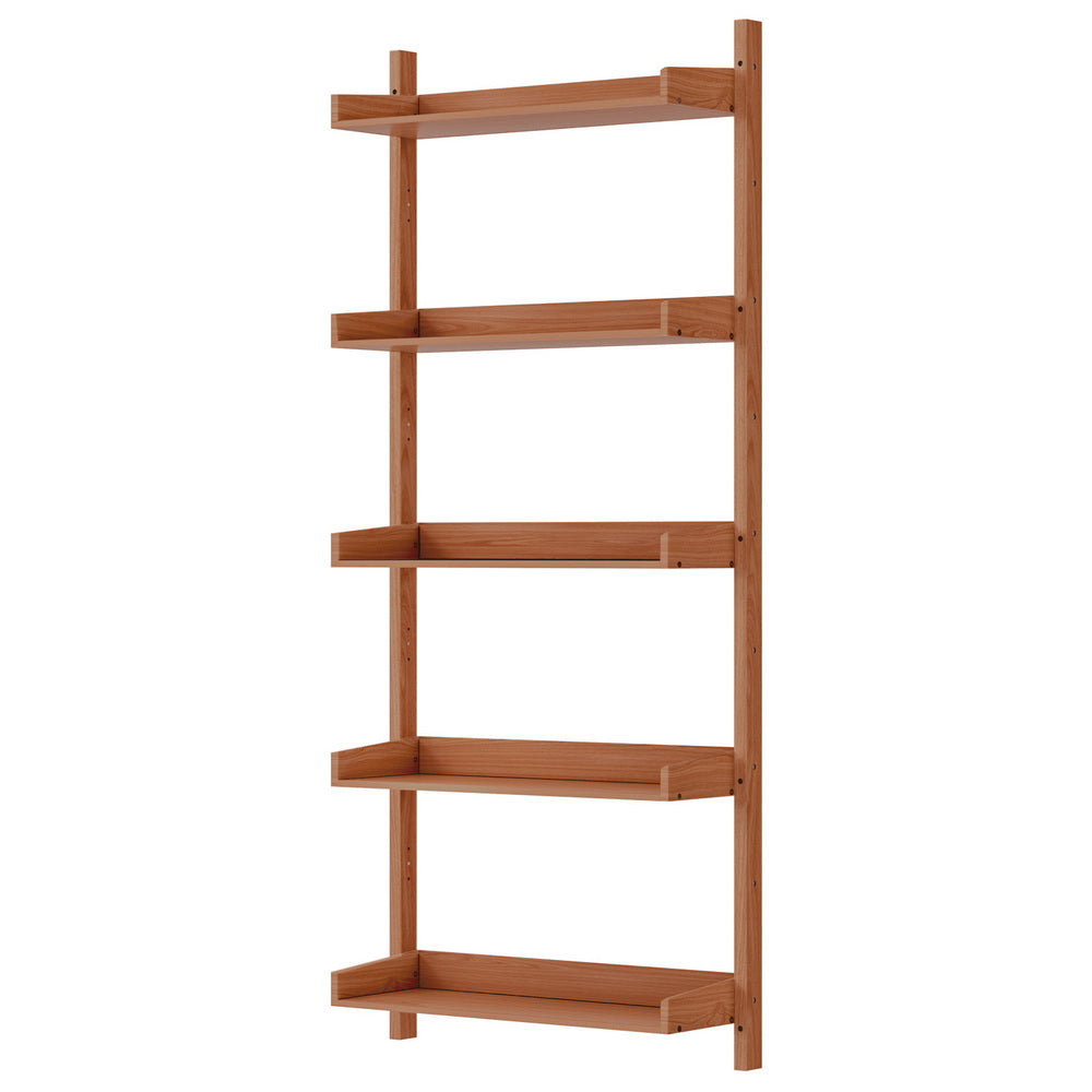 Five-tier wall-mounted ladder shelf in warm brown wood with raised shelf lips, angle view on white background