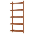 Five-tier wall-mounted ladder shelf in warm brown wood with raised shelf lips, angle view on white background