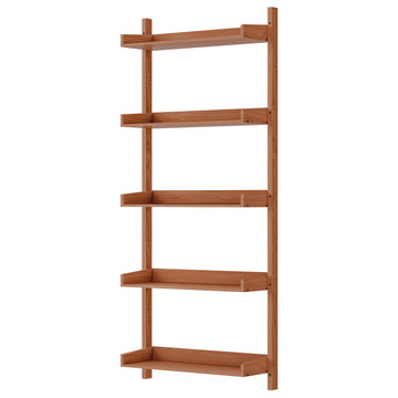 Five-tier wall-mounted ladder shelf in warm brown wood with raised shelf lips, angle view on white background