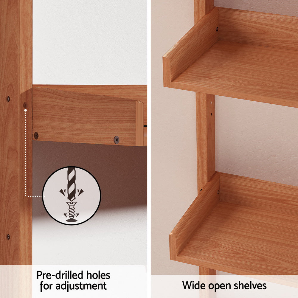 Wall-mounted ladder shelf detail panel: pre-drilled holes for adjustment and close-up of wide open shelves and side post