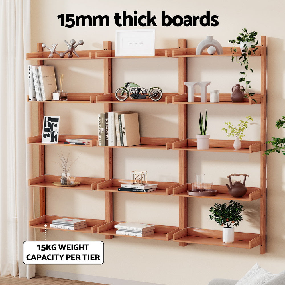 Three wall-mounted ladder shelf units styled with books and decor; 15mm thick boards, 15kg weight capacity per tier