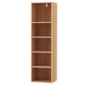 Tall narrow walnut-finish 5-shelf open bookcase, empty, three-quarter angle view on white background