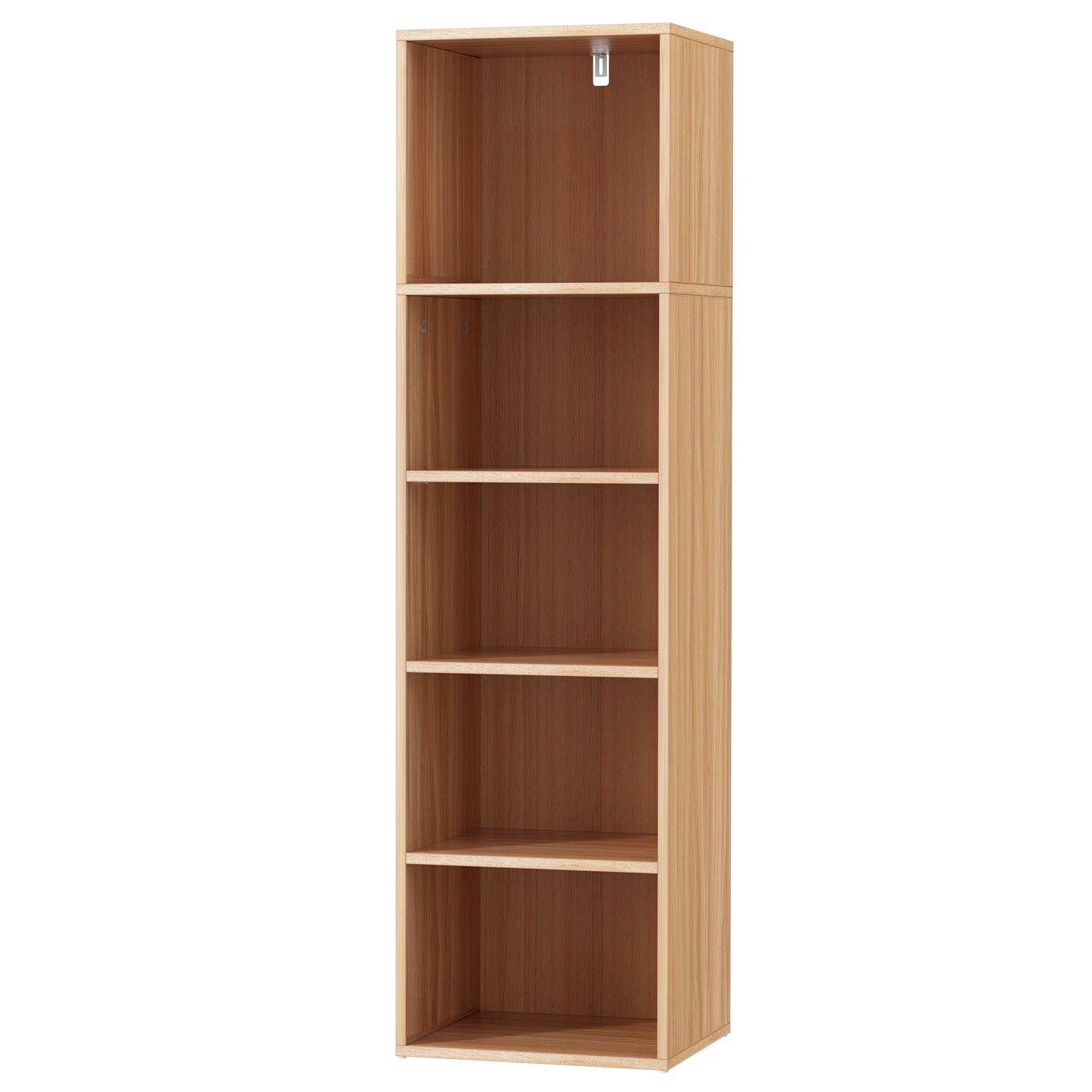 Tall narrow walnut-finish 5-shelf open bookcase, empty, three-quarter angle view on white background