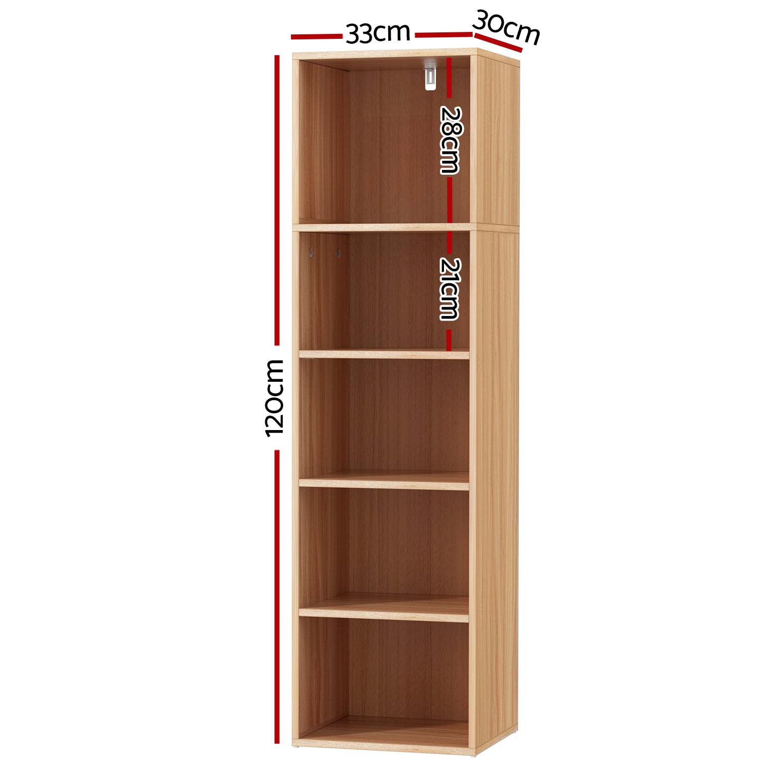 Walnut-finish narrow bookcase dimensions diagram: 33cm wide, 30cm deep, 120cm tall, shelf heights 28cm and 21cm