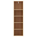 Tall narrow walnut-finish 5-shelf open bookcase, empty, straight front view on white background