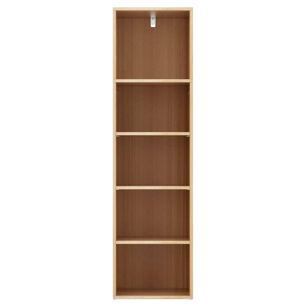 Tall narrow walnut-finish 5-shelf open bookcase, empty, straight front view on white background
