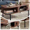Walnut coffee table styled with books, three detail callouts: Safe Round Edges, Fluted Panel Design, Sturdy Metal Legs