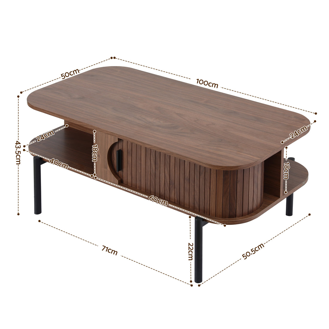 Walnut coffee table with rounded corners, open shelf below, styled with flowers and coffee cup in living room