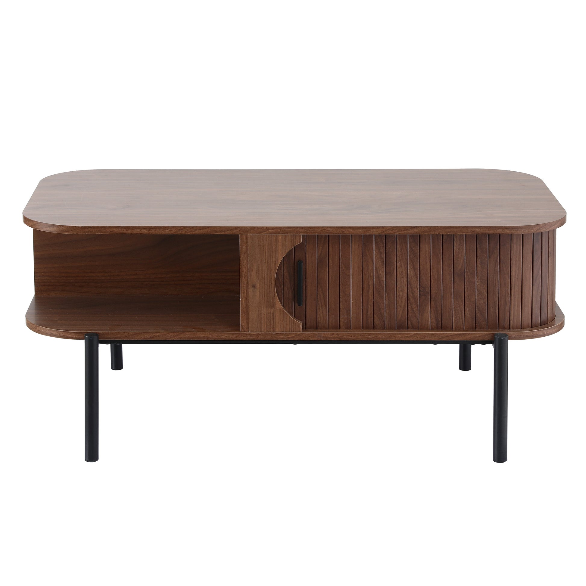 Walnut coffee table front view on white background, sliding slatted door open revealing storage, black metal legs