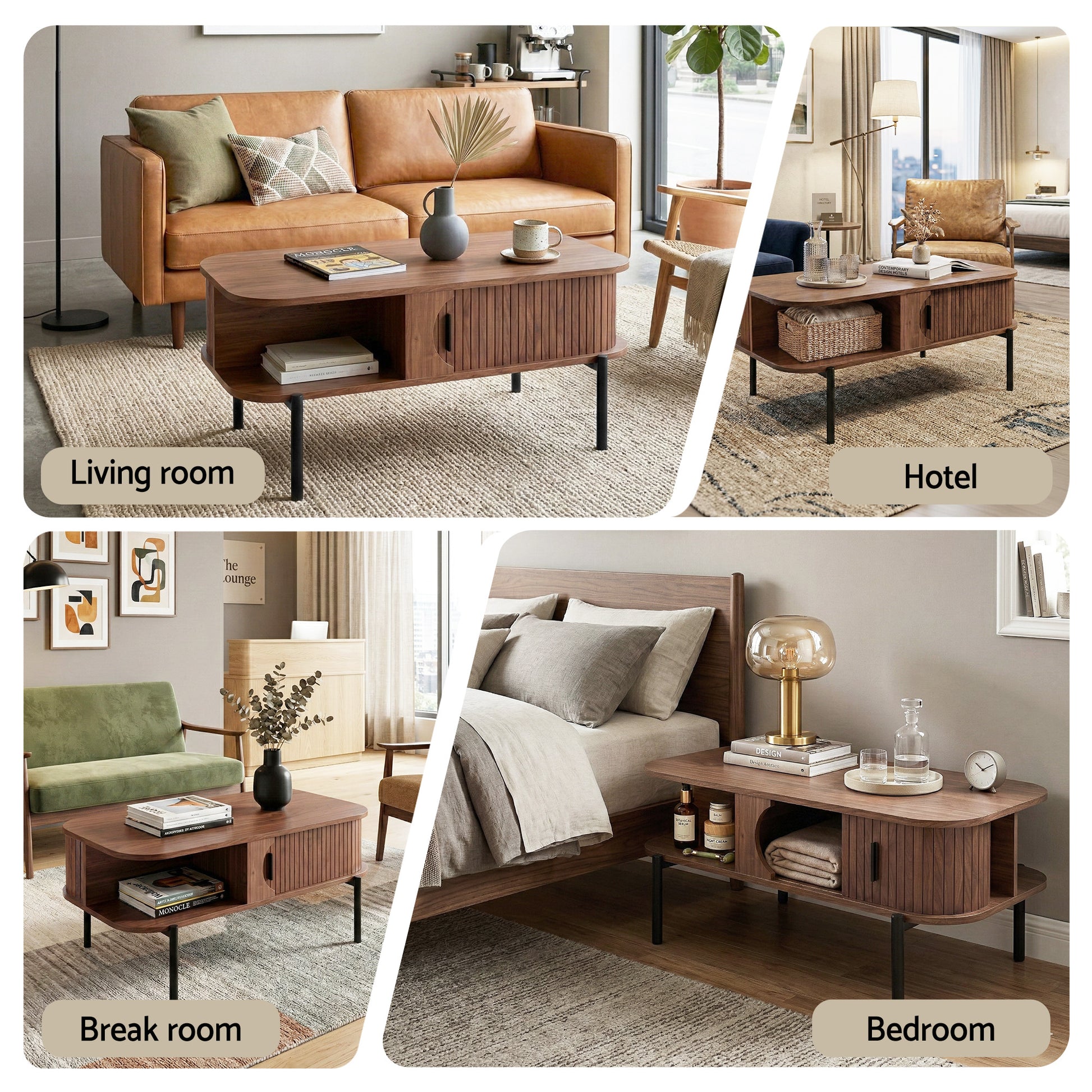 Walnut coffee table shown in four settings: Living room, Hotel, Break room, and Bedroom