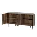 Walnut corner TV unit with both doors open showing interior shelves on black legs, white background