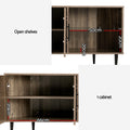Walnut corner TV unit interior dimensions infographic showing open shelves 50cm and cabinet 66cm wide