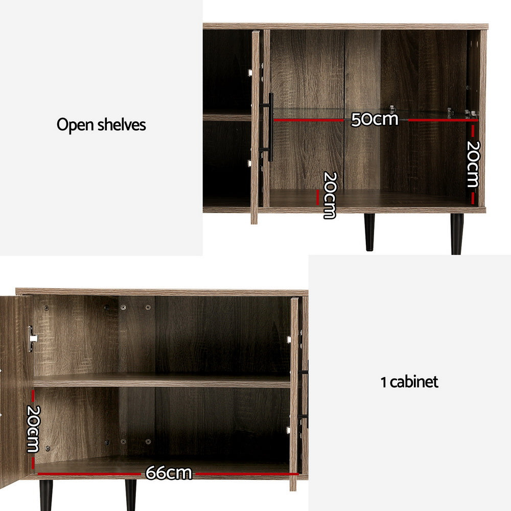 Walnut corner TV unit interior dimensions infographic showing open shelves 50cm and cabinet 66cm wide
