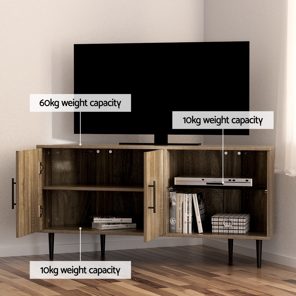 Walnut corner TV unit in room corner with TV on top showing 60kg top and 10kg shelf weight capacity