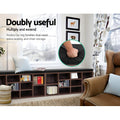 Walnut shoe bench extended in multiple units in row in living room with PU cushion softness detail callout