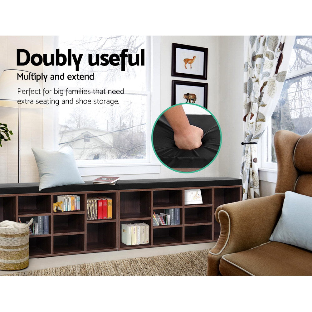Walnut shoe bench extended in multiple units in row in living room with PU cushion softness detail callout