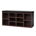 Walnut 10-cube shoe storage bench black cushion top all empty cubbies angled front view on white background