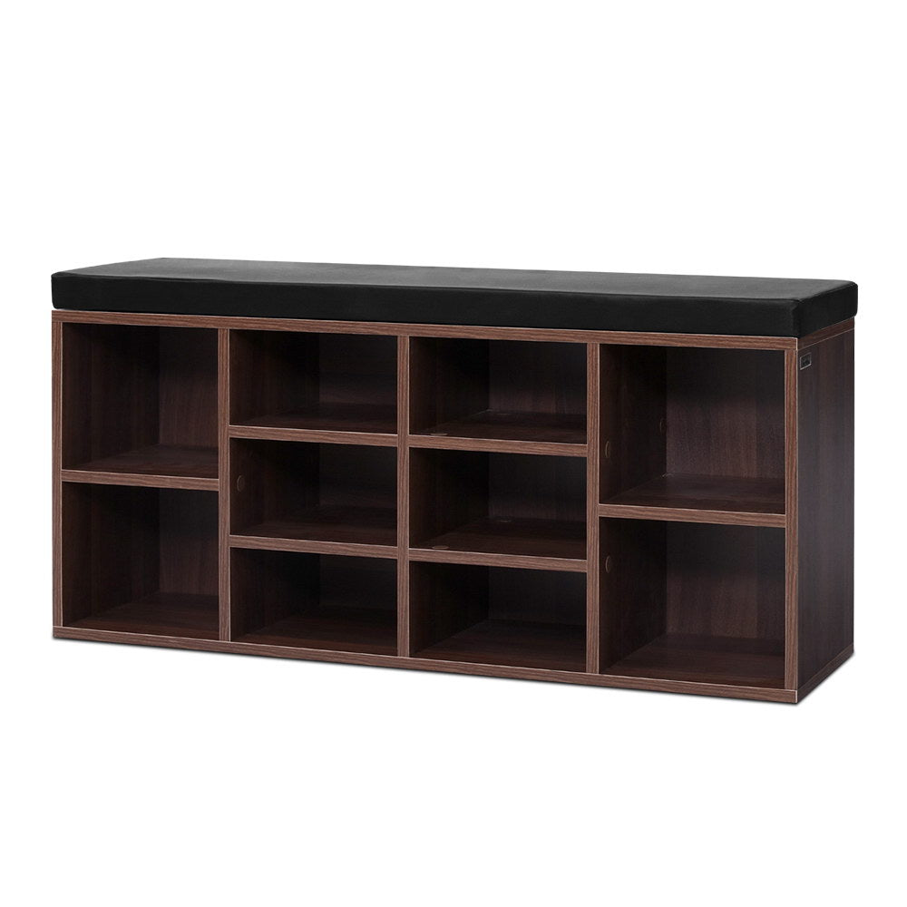 Walnut 10-cube shoe storage bench black cushion top all empty cubbies angled front view on white background