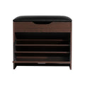 Walnut shoe bench black leather cushion top flip-out lower compartment open showing three empty shelves on white background