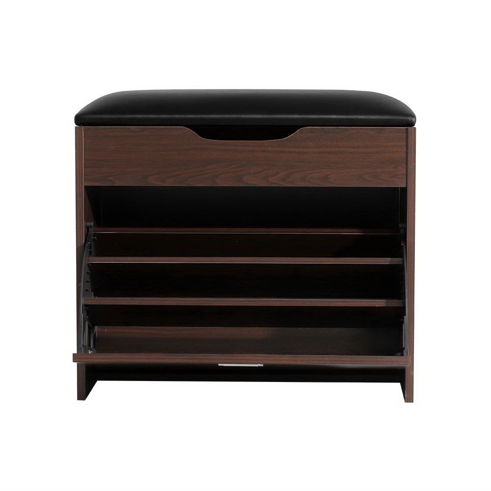 Walnut shoe bench black leather cushion top flip-out lower compartment open showing three empty shelves on white background