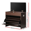 Walnut shoe bench lid open showing storage hinges flip-out shelves open dimensions 56.5cm wide 80.5cm tall 30cm deep