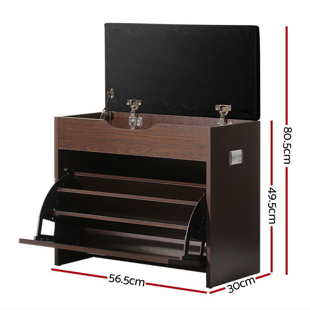 Walnut shoe bench lid open showing storage hinges flip-out shelves open dimensions 56.5cm wide 80.5cm tall 30cm deep