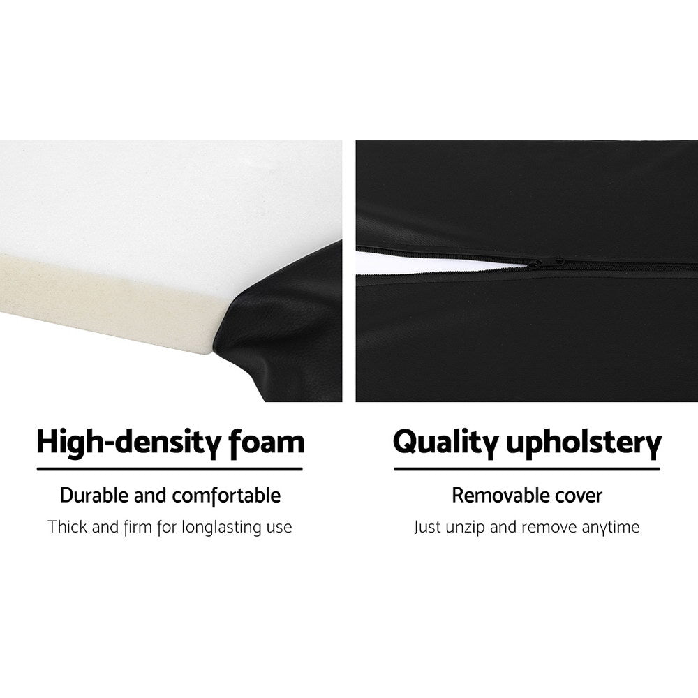 Shoe bench cushion detail showing high-density foam cross-section left and removable zipper cover right