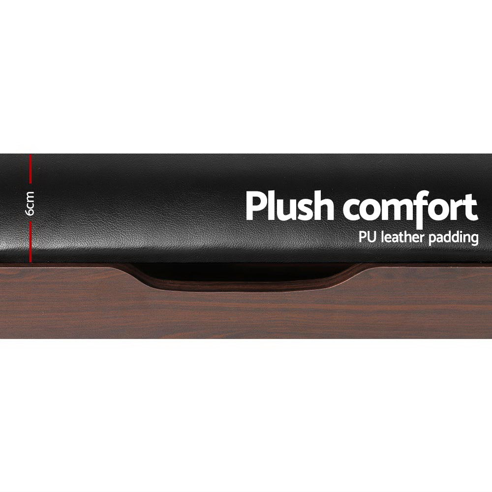 Walnut shoe bench black PU leather cushion top detail 6cm thick with recessed air-gap handle on walnut wood below