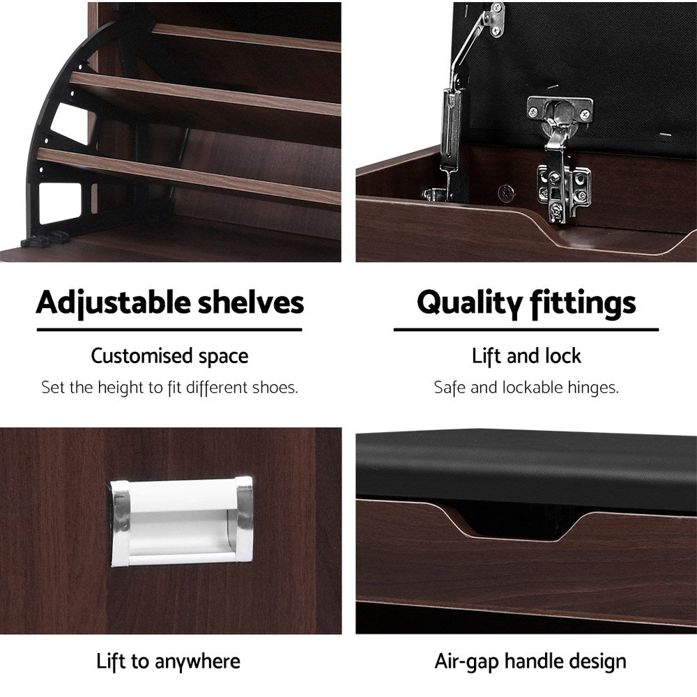 Walnut shoe bench features adjustable shelves quality hinges chrome air-gap handle close-up and side profile of lid and door