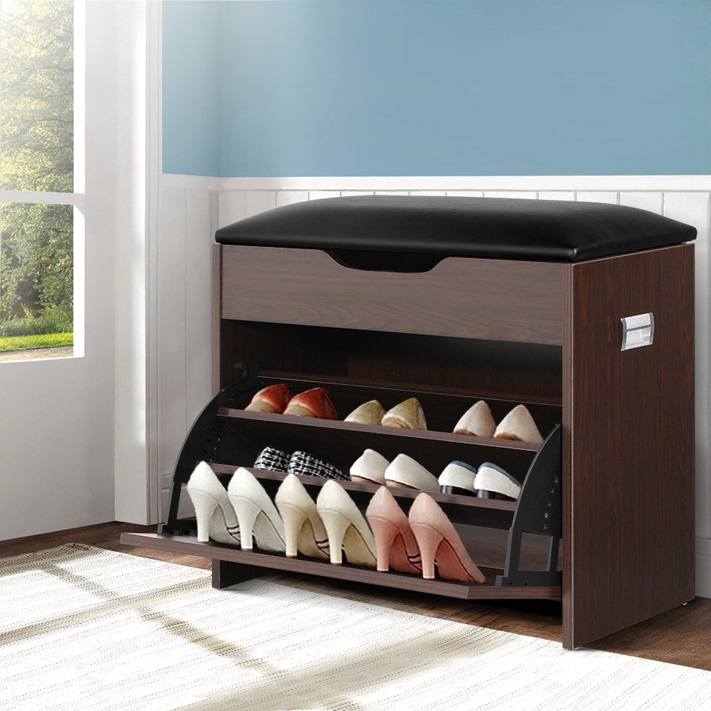 Walnut shoe bench flip-out lower section open with white cream and coloured heels in hallway blue wall wainscot and rug