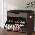 Walnut shoe bench with black leather cushion top flip-out lower compartment open showing heels and pumps in hallway lifestyle