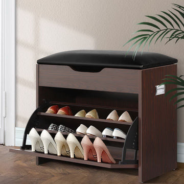 Walnut shoe bench with black leather cushion top flip-out lower compartment open showing heels and pumps in hallway lifestyle