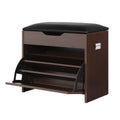 Walnut shoe bench three-quarter angle flip-out lower section open showing empty curved mechanism and two inner shelf tiers