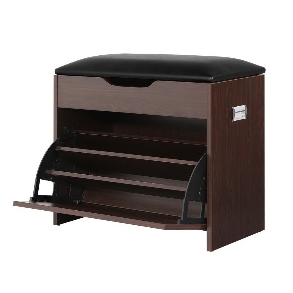 Walnut shoe bench three-quarter angle flip-out lower section open showing empty curved mechanism and two inner shelf tiers