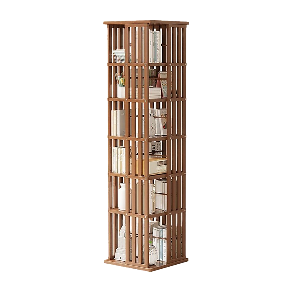 Walnut-finish slat rotating tower bookshelf loaded with books and stationery, angle view on white background