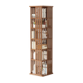 Walnut-finish slat rotating tower bookshelf loaded with books and stationery, angle view on white background
