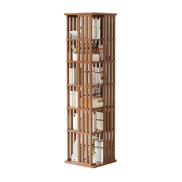Walnut-finish slat rotating tower bookshelf loaded with books and stationery, angle view on white background