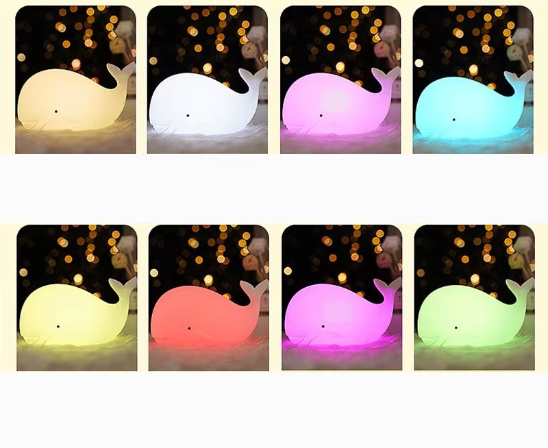Whale silicone LED lamp shown in 8 colour modes: warm white, white, pink, teal, amber, red, purple and yellow