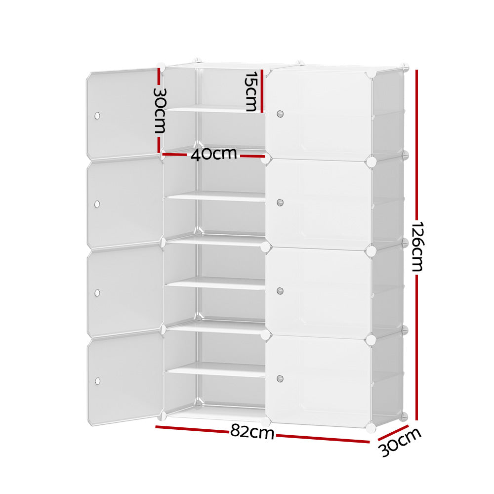White 12-cube modular shoe cabinet dimensions 82cm wide 126cm tall 30cm deep with 30cm height and 40cm depth per cube