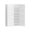 White 12-cube modular shoe cabinet with four doors open showing internal shelves angle view on white background