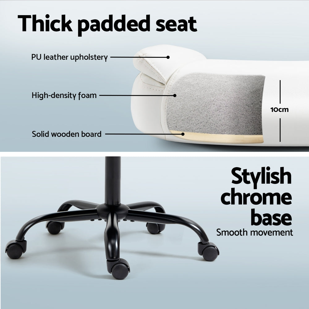 White office chair thick padded seat cross-section showing PU leather 10cm foam and solid wooden board