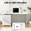 White 140cm office desk lifestyle setting infographic showing left or right pedestal placement option