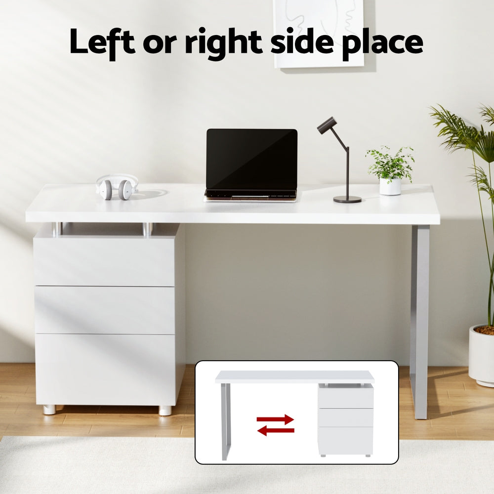 White 140cm office desk lifestyle setting infographic showing left or right pedestal placement option