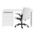 White 140cm office desk with 3-drawer pedestal and white office chair rear view on white background
