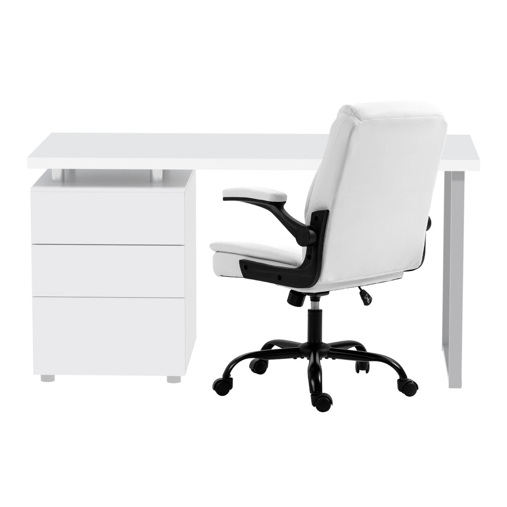 White 140cm office desk with 3-drawer pedestal and white office chair rear view on white background