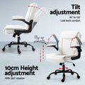 White office chair tilt 90-135 degrees with flip-up armrests and 10cm height adjustment infographic