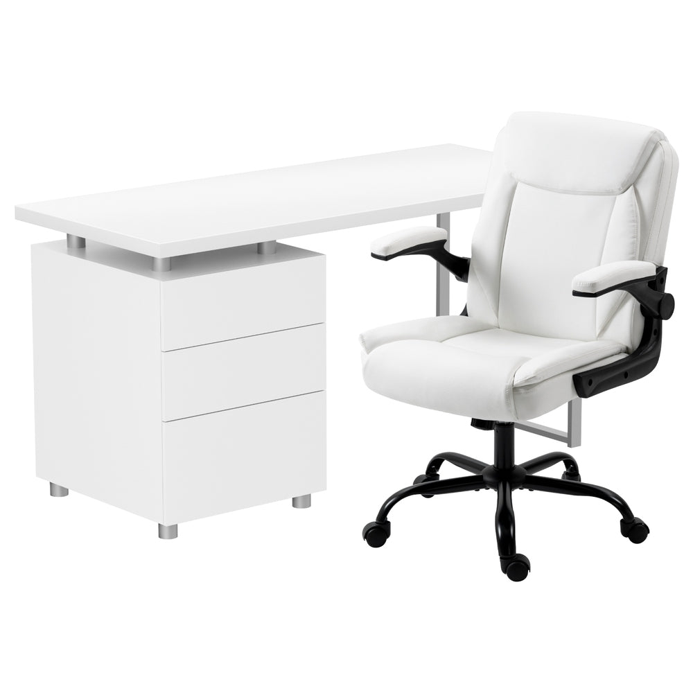 White 140cm desk with 3-drawer pedestal and white office chair with flip-up armrests on white background