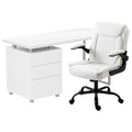 White 140cm desk with 3-drawer pedestal and white office chair with flip-up armrests on white background