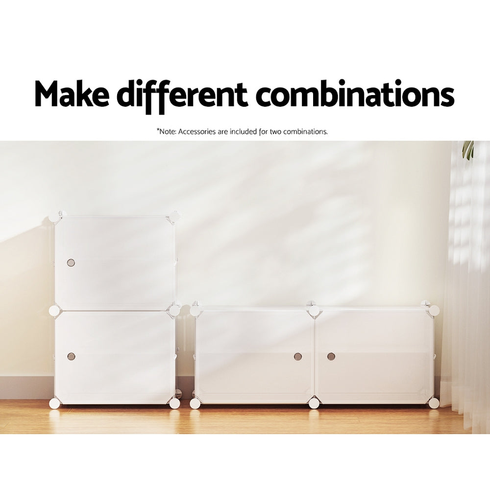 White 2-cube modular shoe cabinet shown in two configurations tall 1-column and wide 2-column arrangement in room setting