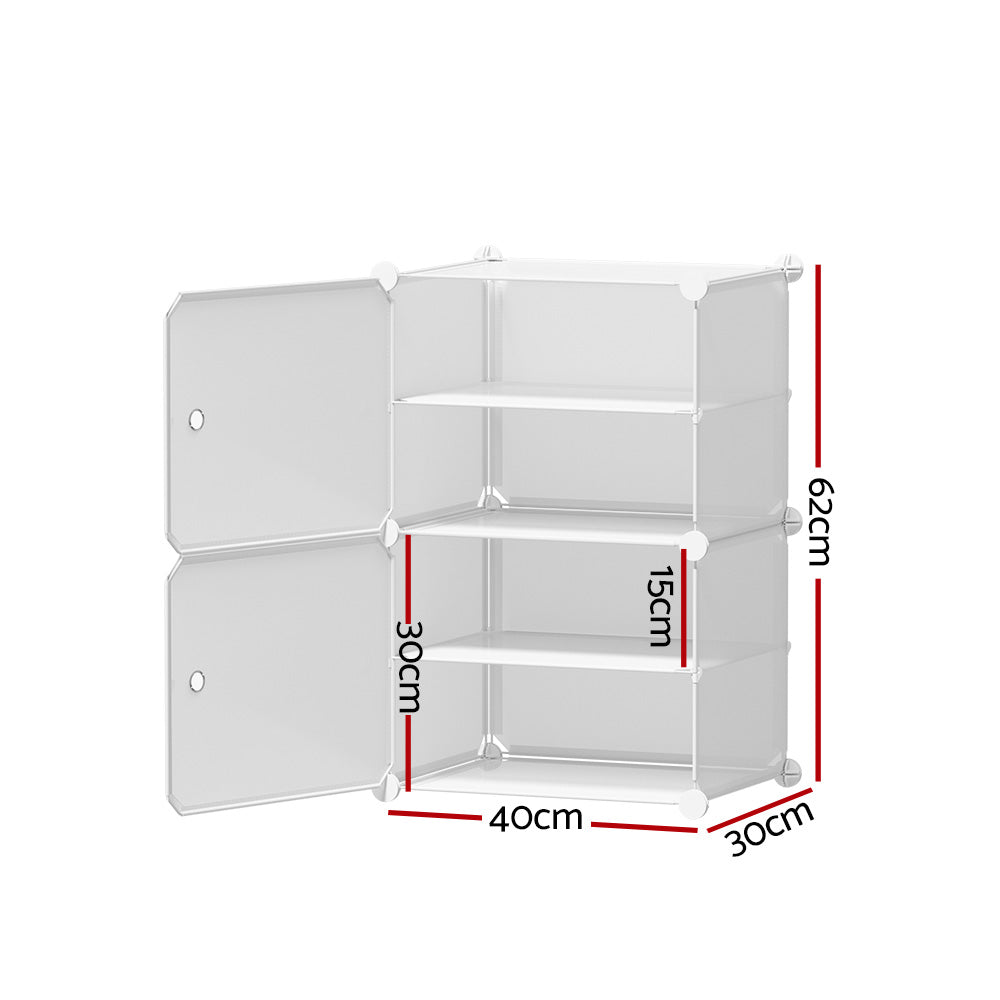 White 2-cube modular shoe cabinet dimensions 62cm tall 40cm wide 30cm deep with 15cm shelf spacing on white background